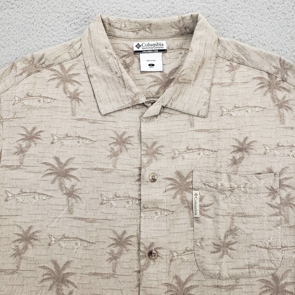 Columbia Shirt Mens Large Brown Button Up Casual Palm Fish All Over Print Aloha - Picture 2 of 13